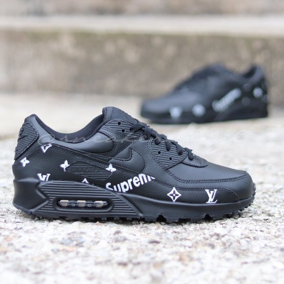 Nike Air Max 90 Black Leather Custom Sneakers NWT - Picture 6 of 9